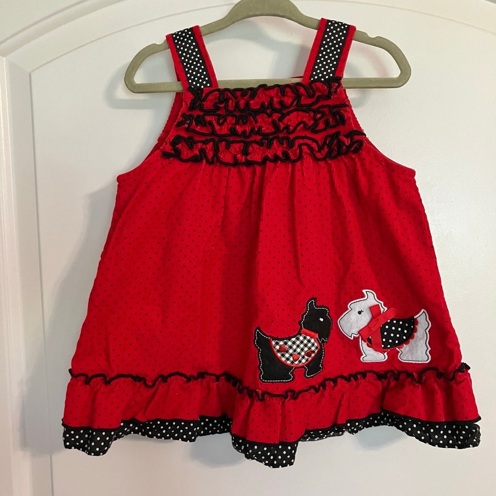 VTG Rare Editions Red Corduroy Jumper w/ Polka Dots, Ruffles & Terriers Sz 12m